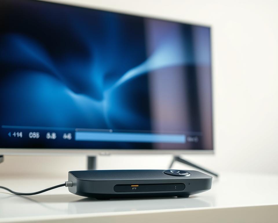 A close-up shot of a streaming device displaying high-quality video playback, with a sleek, modern interface and vibrant colors. The screen showcases a smooth, seamless video stream with no buffering or pixelation, conveying a sense of reliable and immersive entertainment. The device is set against a minimalist, well-lit background, emphasizing the clarity and sharpness of the displayed content. The overall scene evokes a feeling of premium, hassle-free streaming experience, suitable for the "Résolution des problèmes courants" section of the article.