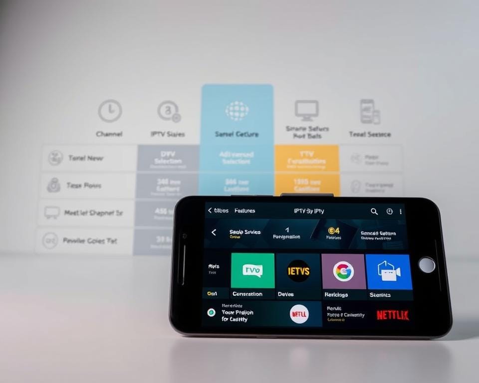 A comparison of IPTV subscriptions presented in a sleek, modern layout. In the foreground, a stylish smartphone displays various IPTV service options, showcasing their advanced features and capabilities. The middle ground features streamlined icons and infographic elements highlighting key differentiators, such as channel selection, DVR functionality, and device compatibility. The background is a minimalist, gradient-based design, creating a visually appealing and informative composition. Soft, directional lighting emphasizes the clarity and professionalism of the scene, captured through a wide-angle lens to encompass the full breadth of the comparative information. The overall mood is one of technological sophistication, guiding the viewer towards an ultimate IPTV streaming experience.