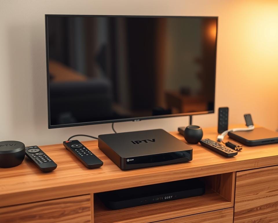 A modern home entertainment setup with a sleek IPTV box prominently displayed on a minimalist wooden TV stand. The box is surrounded by various remote controls, streaming devices, and cable management accessories, conveying a sense of an interconnected home media system. Soft, warm lighting illuminates the scene, creating a cozy and inviting atmosphere. The overall composition emphasizes the centrality of the IPTV device, suggesting its importance in the user's entertainment experience.