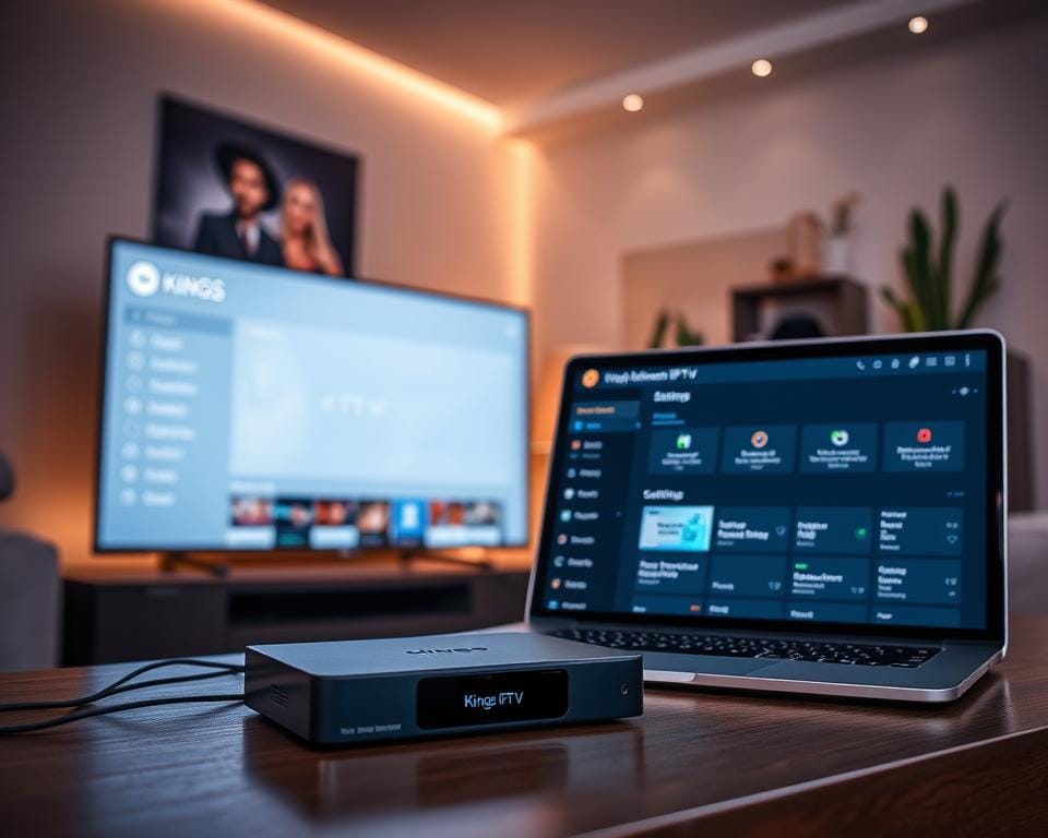 A modern, sleek IPTV setup with a minimalist aesthetic. The foreground features a high-end streaming device with a clean, minimalist interface displayed on a 4K TV screen. The middle ground showcases a laptop or tablet displaying a Kings IPTV dashboard, with intuitive menus and optimized settings. The background depicts a cozy, well-lit home entertainment area, with strategic lighting highlighting the setup. The overall mood is one of efficiency, simplicity, and a seamless IPTV experience.