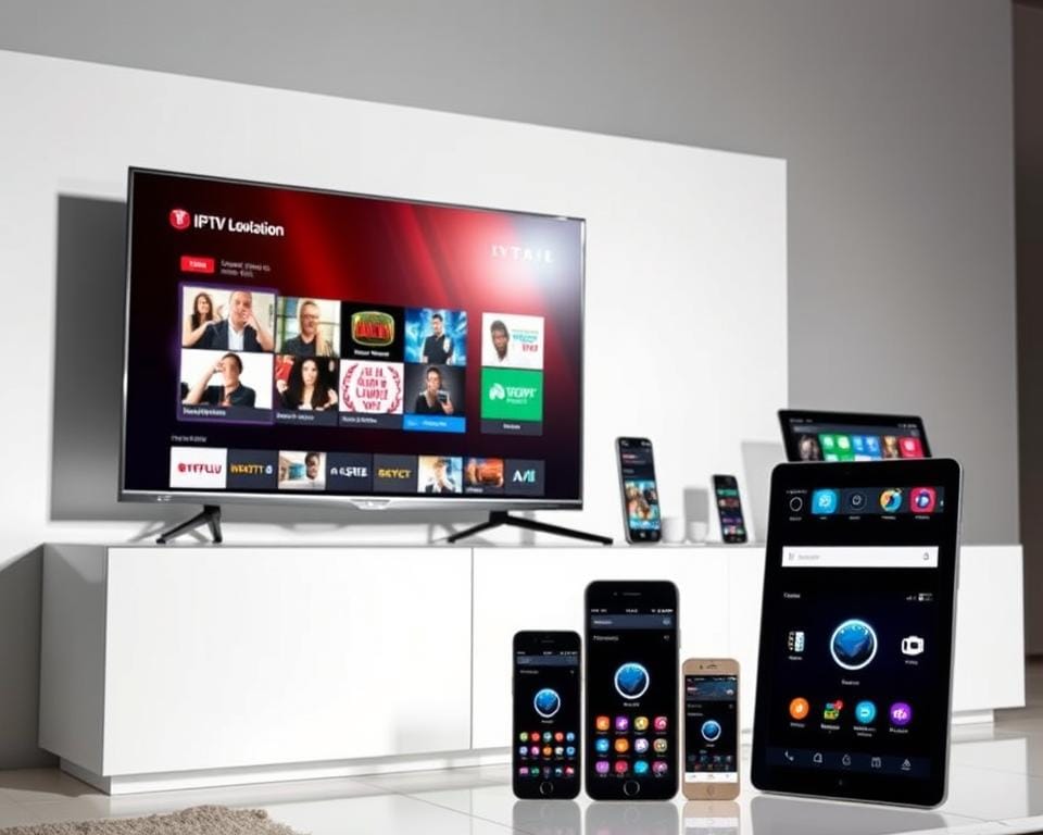 A modern, sleek display showcasing various IPTV streaming options. In the foreground, a high-quality television screen presents a vibrant, seamless display of live television channels. The middle ground features a range of smart devices, such as smartphones and tablets, each displaying different IPTV service interfaces. The background is a minimalist, contemporary setting with clean lines and neutral tones, emphasizing the technological focus. The lighting is soft and diffused, creating a sense of sophistication and professionalism. The overall composition conveys the idea of an optimized, cutting-edge IPTV experience that caters to the modern viewer's needs.
