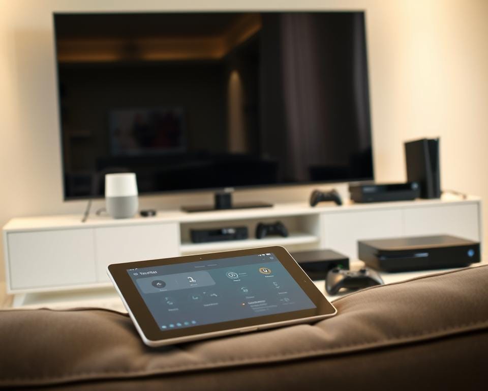 A modern, sleek smart home setup with multiple devices seamlessly connected. In the foreground, a high-end tablet or smartphone displays a user interface with intuitive controls. Surrounding it, an array of devices - a smart TV, voice assistant, gaming console, and streaming box - arranged in a clean, minimalist layout. Soft, indirect lighting from above creates a warm, inviting atmosphere. The overall scene conveys a sense of effortless compatibility and flexibility, with technology harmoniously integrated into the home environment. A modern, sleek smart home setup with multiple devices seamlessly connected. In the foreground, a high-end tablet or smartphone displays a user interface with intuitive controls. Surrounding it, an array of devices - a smart TV, voice assistant, gaming console, and streaming box - arranged in a clean, minimalist layout. Soft, indirect lighting from above creates a warm, inviting atmosphere. The overall scene conveys a sense of effortless compatibility and flexibility, with technology harmoniously integrated into the home environment.