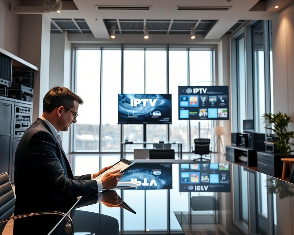 A modern, streamlined office interior with clean lines and a minimalist aesthetic. In the foreground, a professional-looking man in a suit sits at a sleek glass-topped desk, reviewing documents and using a tablet computer. The middle ground features an array of high-tech networking equipment and a large, wall-mounted display showcasing IPTV service offerings. The background is filled with tall windows allowing natural light to flood the space, creating a sense of openness and transparency. Soft, indirect lighting casts a warm glow throughout the room, evoking a professional and trustworthy atmosphere.