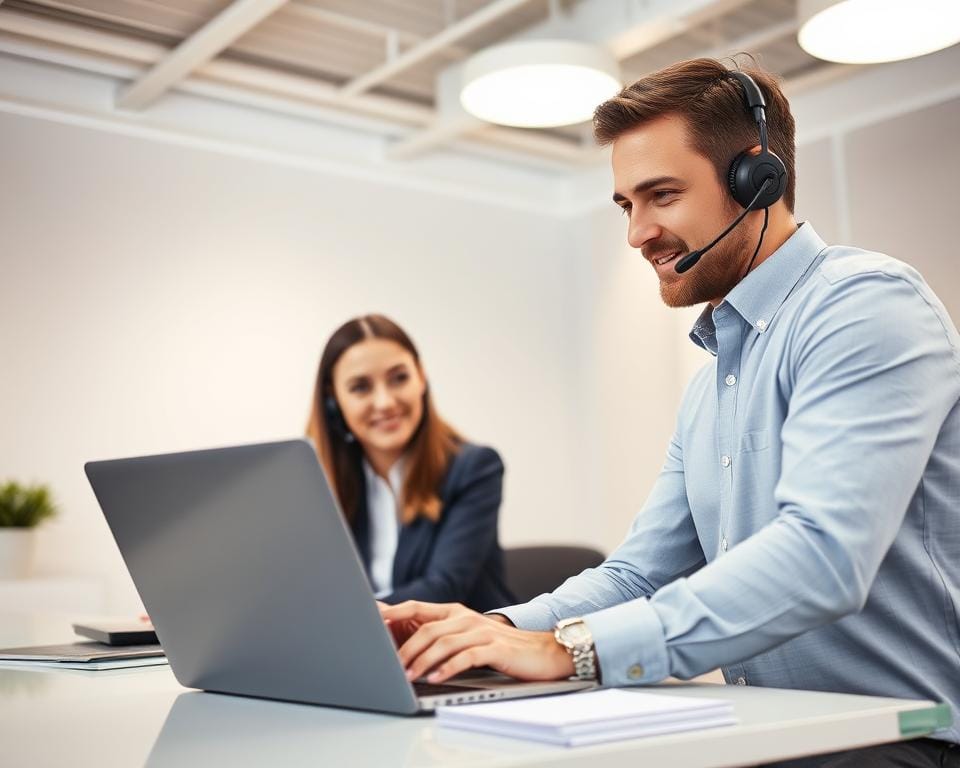 A professional, helpful customer service representative assisting a client with an IPTV setup. The scene is set in a bright, modern office space with minimalist decor. The client, dressed smartly, is seated at a desk, laptop open, while the representative, in a crisp button-down shirt, leans in to provide step-by-step guidance. Their expressions convey a sense of cooperation and a shared goal of resolving the issue efficiently. Soft, diffused lighting emanates from overhead fixtures, creating a calm, productive atmosphere. The angle captures the interaction from a slightly elevated perspective, highlighting the collaborative nature of the support provided.