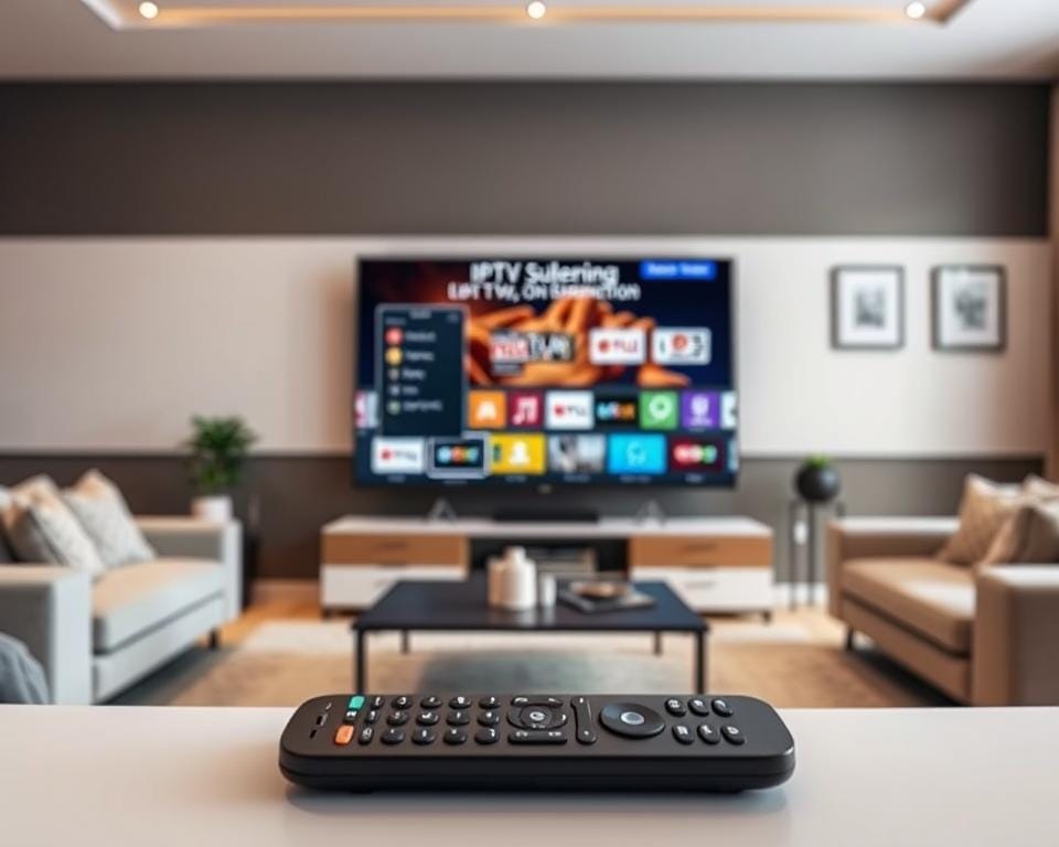 A serene and modern living room with a sleek IPTV remote control in the foreground, surrounded by cozy furniture and minimal decor. In the middle ground, a large flatscreen TV displays an enticing IPTV subscription offer, showcasing a diverse range of channels and on-demand content. The background features a clean, minimalist wall with subtle wall art, conveying a sense of sophistication and affordability. Soft, warm lighting illuminates the scene, creating an inviting and relaxing atmosphere.