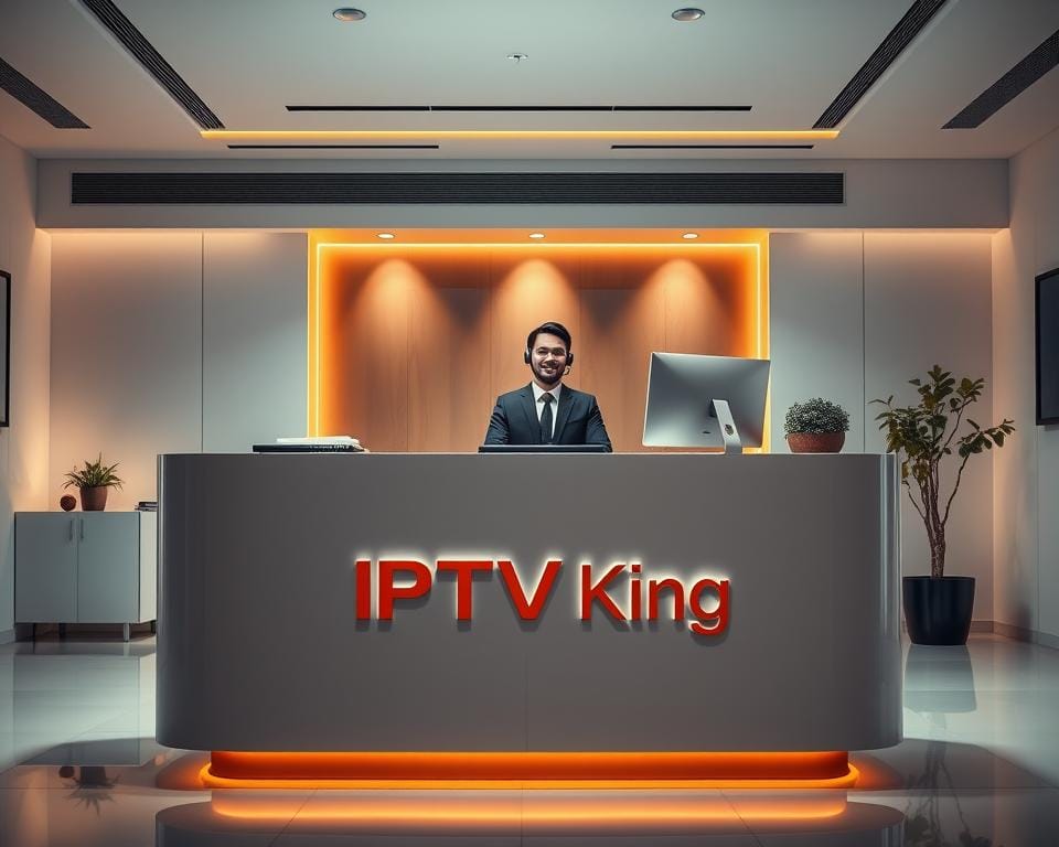 A sleek and modern service desk with a friendly customer service agent, bathed in warm lighting and a professional, polished atmosphere. The desk features the "IPTV King" branding prominently, conveying a sense of high-quality service and technical support. The background showcases a clean, minimalist office setting, with subtle accents that reflect the premium nature of the IPTV offering. The overall composition and mood evoke a sense of reliability, attentiveness, and a commitment to customer satisfaction. A sleek and modern service desk with a friendly customer service agent, bathed in warm lighting and a professional, polished atmosphere. The desk features the "IPTV King" branding prominently, conveying a sense of high-quality service and technical support. The background showcases a clean, minimalist office setting, with subtle accents that reflect the premium nature of the IPTV offering. The overall composition and mood evoke a sense of reliability, attentiveness, and a commitment to customer satisfaction.