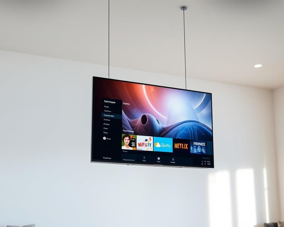 A sleek and modern television set suspended in a minimalist, well-lit home interior. The TV screen displays a crisp, vibrant image of a streaming platform's user interface, showcasing a range of content options. The scene conveys a sense of convenience and seamless integration of internet-based television into a contemporary living space. Soft, diffused lighting illuminates the room, creating a warm and inviting atmosphere. The composition emphasizes the centrality of the television as the focal point, highlighting its role in providing a premium IPTV experience.