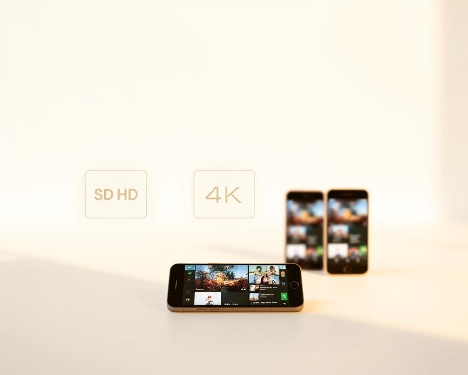 A sleek, minimalist comparison of IPTV service tiers against a pristine white backdrop. In the foreground, three stacked rectangles represent SD, HD, and 4K video quality, each with distinct icons and subtle gradients to denote the differences. The middle ground showcases three smartphone screens displaying the IPTV service interface, highlighting the seamless streaming experience across devices. The background gently blurs, focusing attention on the central comparison and the visual hierarchy of video resolutions. Warm, natural lighting casts soft shadows, creating depth and a sense of sophistication. The overall composition emphasizes the clarity, precision, and technological prowess of the IPTV service offering.