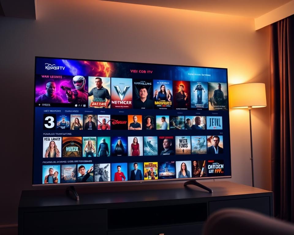 A stunning, high-resolution image showcasing the diverse VOD (Video-on-Demand) content offered by King365 IPTV. In the foreground, a sleek and modern smart TV displays a vibrant, curated selection of the latest movies, TV shows, and documentaries, inviting viewers to explore a vast library of entertainment. The middle ground features a neatly organized grid of movie posters and thumbnails, each capturing the essence of the diverse genres and titles available. In the background, a subtle, cinematic lighting creates a warm, immersive atmosphere, suggesting the cozy and captivating viewing experience that King365 IPTV provides. The overall composition conveys a sense of sophistication, accessibility, and the sheer breadth of the VOD content, perfectly aligning with the article's focus on "Le contenu VOD de King365 IPTV".