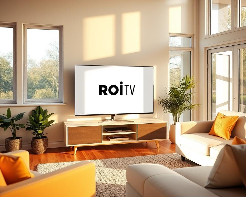 A tastefully decorated living room with a large, sleek TV positioned prominently on a modern media console. The TV screen displays the "ROI TV" logo in a bold, minimalist design. The room is bathed in warm, natural lighting filtering through large windows, creating a cozy and inviting atmosphere. The overall scene conveys a sense of comfort and practicality, reflecting the satisfaction of the homeowner with their television choice.