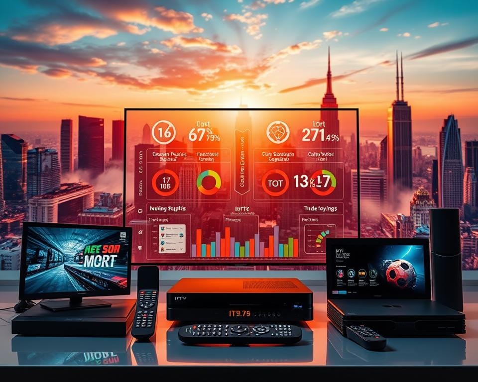 A vibrant, cutting-edge visual analysis of the IPTV market, showcasing the comparative strengths and offerings of the IPTV King service. In the foreground, an array of IPTV devices, remotes, and streaming interfaces are displayed, inviting the viewer to explore the user experience. The middle ground features a dynamic data visualization, highlighting key metrics and insights that differentiate the IPTV King from its competitors. In the background, a sleek, futuristic cityscape sets the scene, reflecting the modern, tech-savvy nature of the IPTV industry. The composition is illuminated by a warm, cinematic lighting, creating a sense of depth and drama. Detailed, photorealistic rendering captures the cutting-edge technology and design elements, inviting the viewer to immerse themselves in the IPTV ecosystem. A vibrant, cutting-edge visual analysis of the IPTV market, showcasing the comparative strengths and offerings of the IPTV King service. In the foreground, an array of IPTV devices, remotes, and streaming interfaces are displayed, inviting the viewer to explore the user experience. The middle ground features a dynamic data visualization, highlighting key metrics and insights that differentiate the IPTV King from its competitors. In the background, a sleek, futuristic cityscape sets the scene, reflecting the modern, tech-savvy nature of the IPTV industry. The composition is illuminated by a warm, cinematic lighting, creating a sense of depth and drama. Detailed, photorealistic rendering captures the cutting-edge technology and design elements, inviting the viewer to immerse themselves in the IPTV ecosystem.