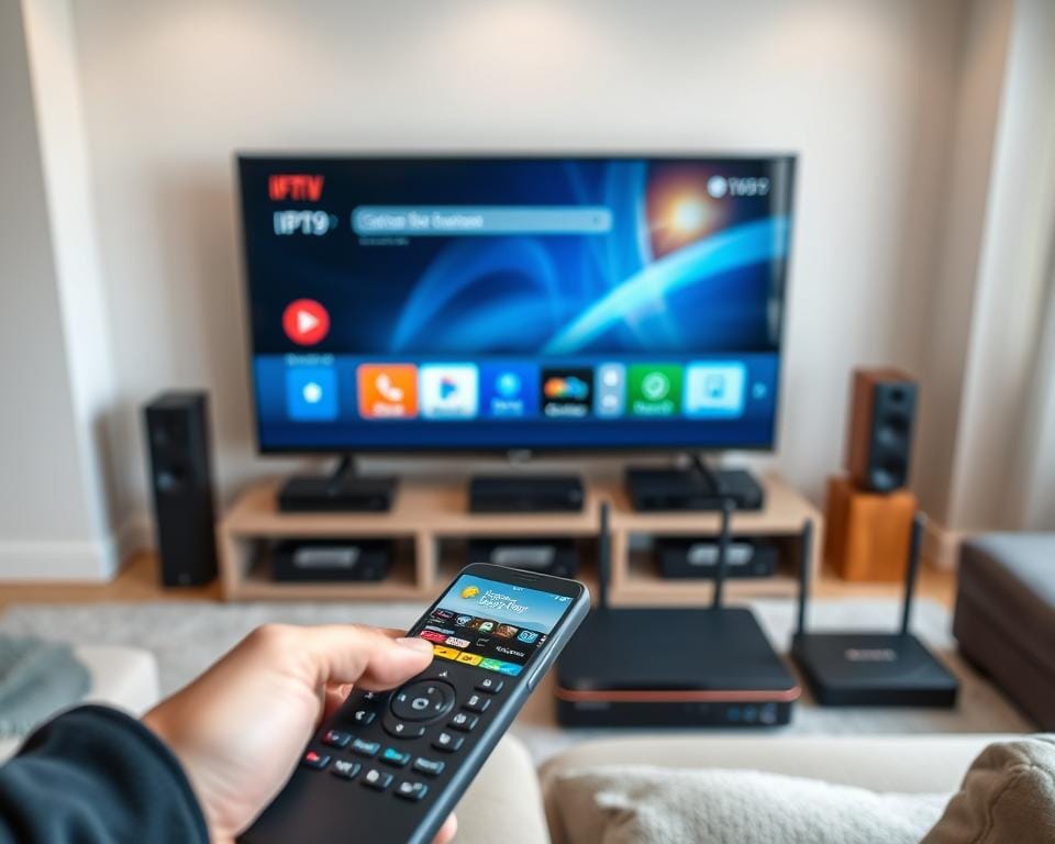 A well-lit, high-angle view of a modern home entertainment setup, featuring a sleek smart TV connected to various IPTV devices. In the foreground, a remote control and a smartphone are prominently displayed, showcasing the intuitive user experience of configuring and accessing the Kings IPTV service. The middle ground includes a cable box, a streaming media player, and a WiFi router, all neatly arranged to emphasize the seamless integration of the IPTV system. The background depicts a minimalist living room setting, with neutral-toned walls and soft, diffused lighting, creating a cozy and inviting atmosphere for the viewer.