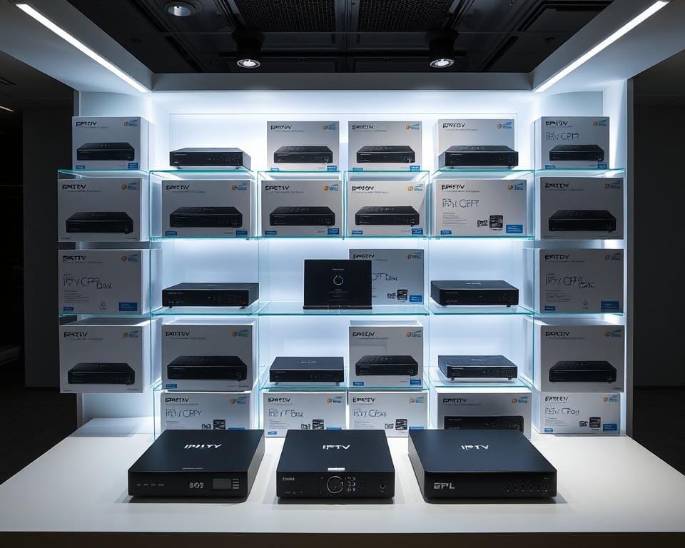 A well-lit, sleek comparison box showcasing various IPTV set-top boxes from different brands. The boxes are arranged in a clean, grid-like layout, allowing for easy side-by-side analysis. Each box features a distinct design, highlighting the unique features and capabilities. The scene is captured with a professional camera, using a wide-angle lens to capture the full scope of the display. The lighting is balanced, creating subtle shadows and highlights that accentuate the products' details. The overall mood is one of informative clarity, inviting the viewer to explore and compare the available IPTV options.